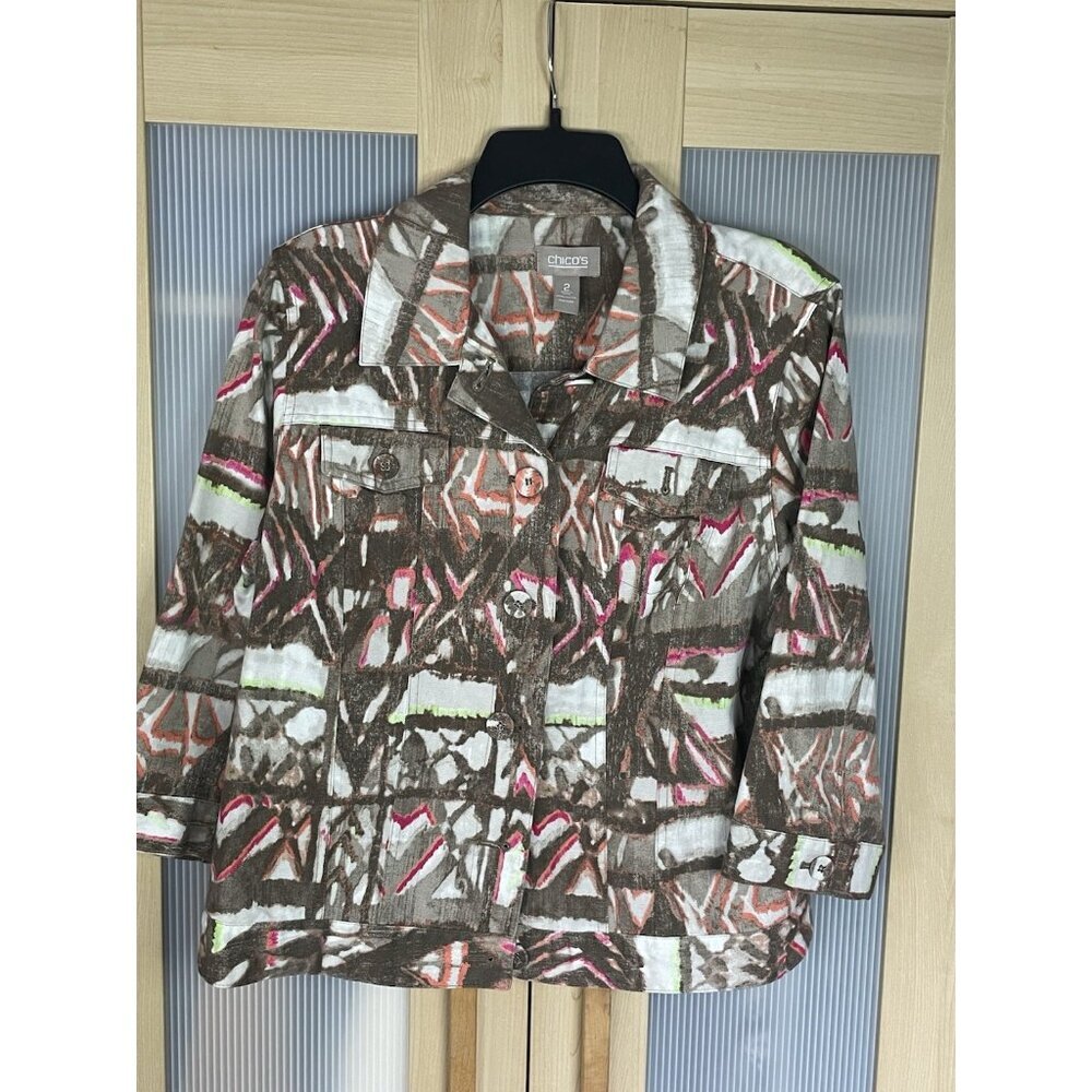 Chico's Cotton Jacket Sz 2 L/12 Casual Career Travel Comfy Blazer Lightweight